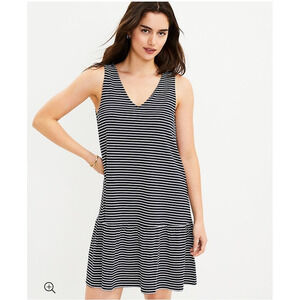 Loft Stripes Navy Blue & White Lightweight Double V Flounce Dress Sz Large